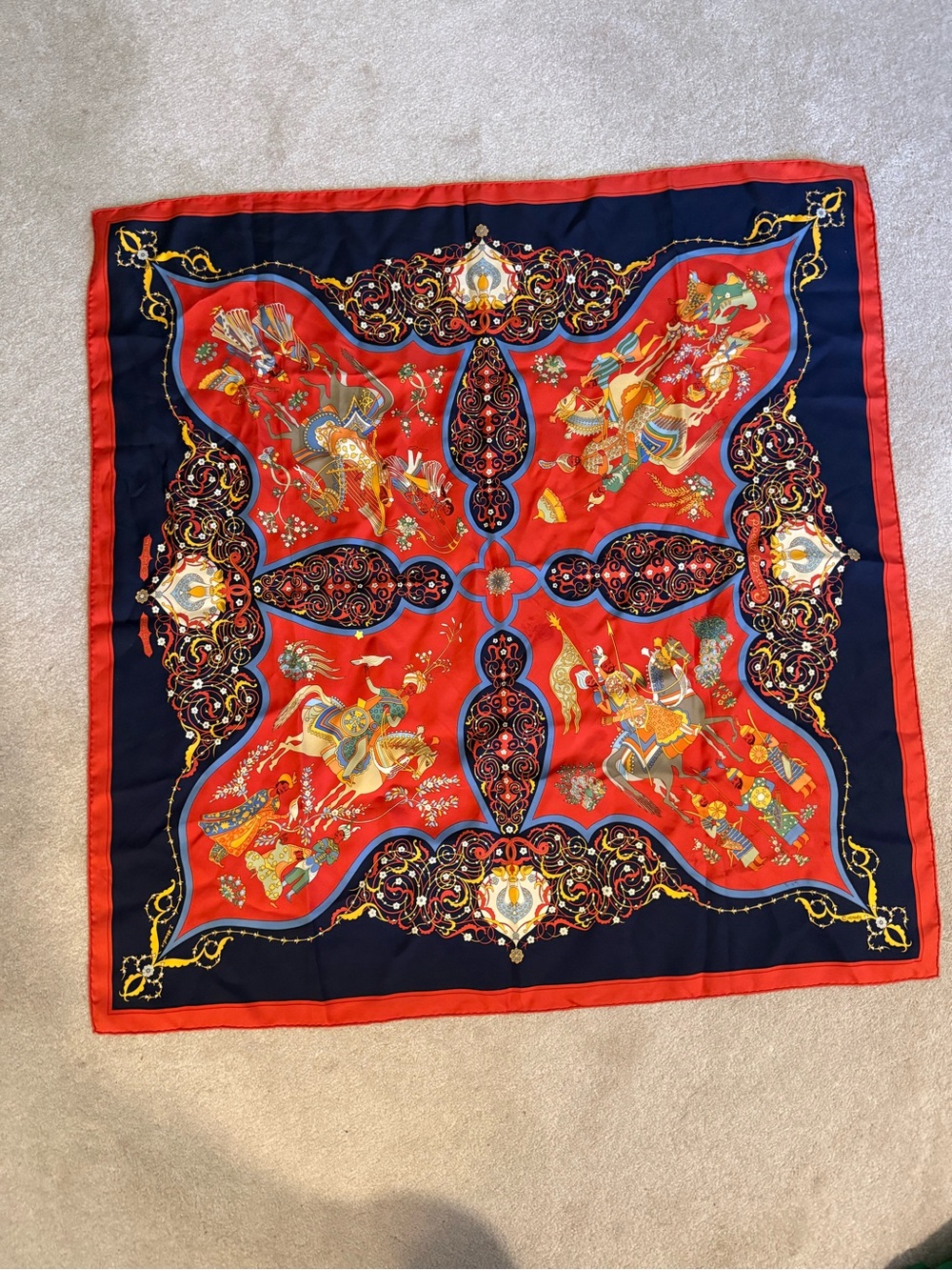 Hermes Red and Navy Equestrian Motif Silk Scarf
